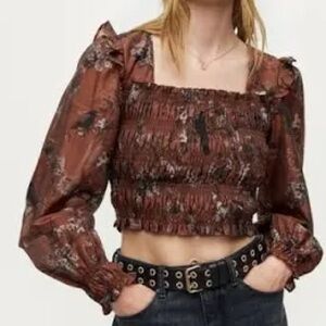 All Saints Brown Floral Smocked Blouse